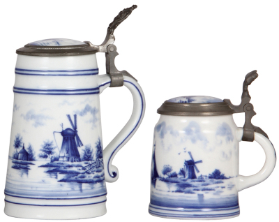 Two porcelain steins, 1.0L, hand-painted, marked Delft, windmill, lithophane, inlaid lid; with, .5L, hand-painted, marked Delft, windmill, lithophane, inlaid lid, mint.