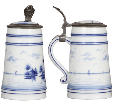 Two porcelain steins, 1.0L, hand-painted, marked Delft, windmill, lithophane, inlaid lid; with, .5L, hand-painted, marked Delft, windmill, lithophane, inlaid lid, mint. - 2