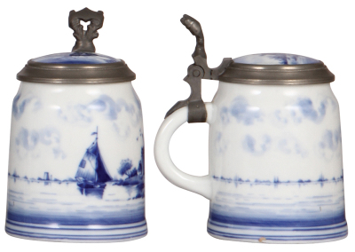 Two porcelain steins, 1.0L, hand-painted, marked Delft, windmill, lithophane, inlaid lid; with, .5L, hand-painted, marked Delft, windmill, lithophane, inlaid lid, mint. - 3