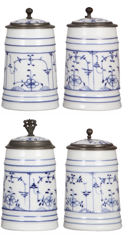 Four porcelain steins, .5L, hand-painted, lithophanes, inlaid lids, mint.