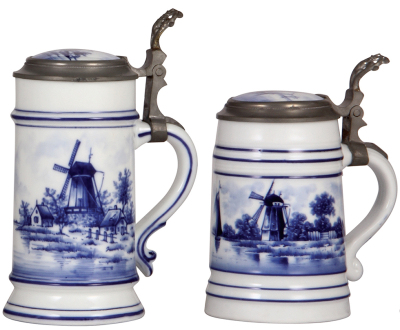 Two porcelain steins, .5L, hand-painted, windmill, lithophane, inlaid lid; with, hand-painted, windmill, lithophane, inlaid lid, mint.