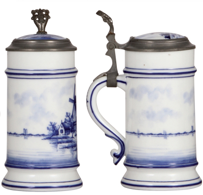 Two porcelain steins, .5L, hand-painted, windmill, lithophane, inlaid lid; with, hand-painted, windmill, lithophane, inlaid lid, mint. - 2