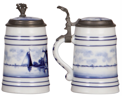 Two porcelain steins, .5L, hand-painted, windmill, lithophane, inlaid lid; with, hand-painted, windmill, lithophane, inlaid lid, mint. - 3