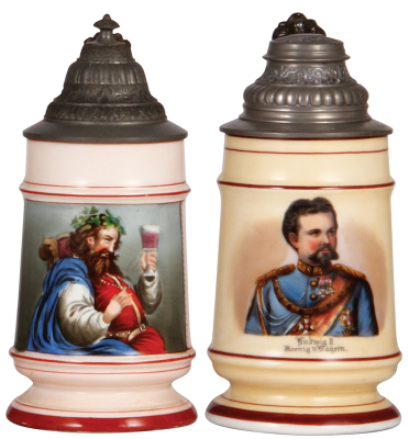 Two porcelain steins, .5L, transfer, Gambrinus, lithophane lines, otherwise mint; with, .5L, transfer, Ludwig II, lithophane line and small hole.