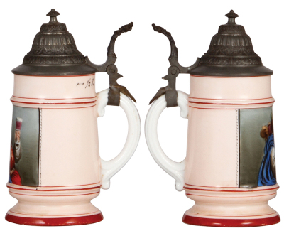 Two porcelain steins, .5L, transfer, Gambrinus, lithophane lines, otherwise mint; with, .5L, transfer, Ludwig II, lithophane line and small hole. - 2