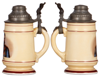 Two porcelain steins, .5L, transfer, Gambrinus, lithophane lines, otherwise mint; with, .5L, transfer, Ludwig II, lithophane line and small hole. - 3