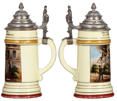 Porcelain stein, .5L, transfer & hand-painted, Occupational Feuerwehrmann [Fireman], pewter lid, lithophane line, minor wear, pewter strap repaired. - 2