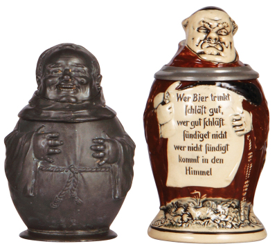 Two Character steins, .5L, pewter, Monk, unmarked, very good condition; with, .5L, pottery, 572, by Dümler & Breiden, mint.