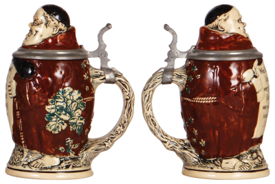 Two Character steins, .5L, pewter, Monk, unmarked, very good condition; with, .5L, pottery, 572, by Dümler & Breiden, mint. - 3