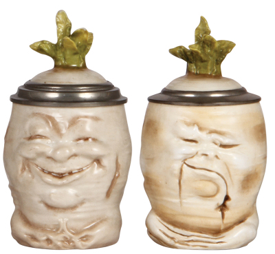 Two Character steins, .5L, porcelain, marked Musterschutz, by Schierholz, Happy Radish, two flakes on finial & Sad Radish, mint. 
