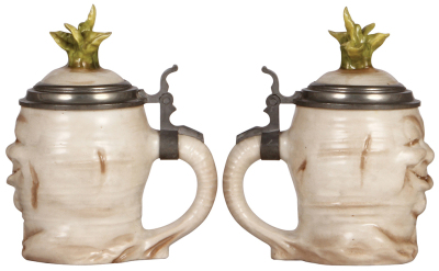 Two Character steins, .5L, porcelain, marked Musterschutz, by Schierholz, Happy Radish, two flakes on finial & Sad Radish, mint.  - 2