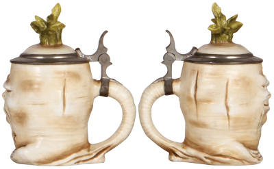 Two Character steins, .5L, porcelain, marked Musterschutz, by Schierholz, Happy Radish, two flakes on finial & Sad Radish, mint.  - 3