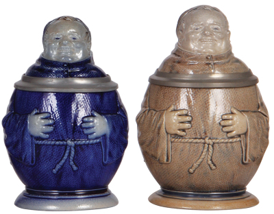 Two Character steins, .5L, stoneware, Monks, marked M. & W. Gr., first blue saltglaze, second purple & blue saltglazes, both mint.