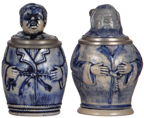 Two Character steins, .5L, stoneware, Monks, unmarked, blue saltglaze, first has a base flake, second has a flake on left sleeve.