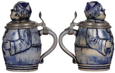 Two Character steins, .5L, stoneware, Monks, unmarked, blue saltglaze, first has a base flake, second has a flake on left sleeve. - 2
