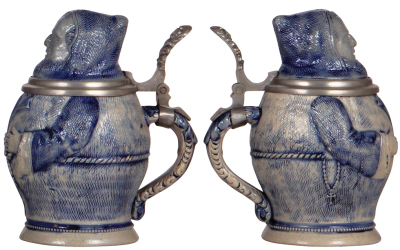 Two Character steins, .5L, stoneware, Monks, unmarked, blue saltglaze, first has a base flake, second has a flake on left sleeve. - 3
