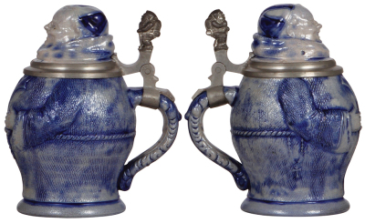 Two Character steins, .5L, stoneware, Monks, unmarked, blue saltglaze, first small upper rim flake, second mint. - 2