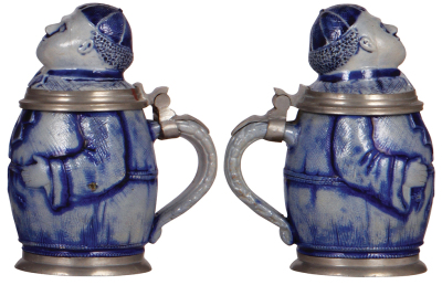 Two Character steins, .5L, stoneware, Monks, unmarked, blue saltglaze, first small upper rim flake, second mint. - 3