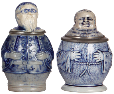 Two Character steins, .5L, stoneware, Monks, marked 221 & 270, blue saltglaze, first has a good repair of chip on edge of inlay, second mint.