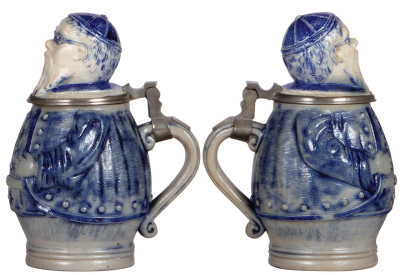 Two Character steins, .5L, stoneware, Monks, marked 221 & 270, blue saltglaze, first has a good repair of chip on edge of inlay, second mint. - 2
