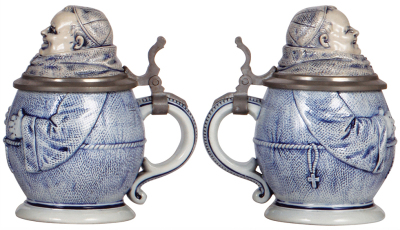 Two Character steins, .5L, stoneware, Monks, marked 221 & 270, blue saltglaze, first has a good repair of chip on edge of inlay, second mint. - 3
