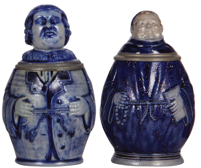 Two Character steins, 1.0L, stoneware, Monks, second marked M. & W. Gr., blue saltglaze, first right hand repaired, second has tiny glaze flakes.