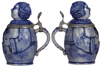 Two Character steins, 1.0L, stoneware, Monks, second marked M. & W. Gr., blue saltglaze, first right hand repaired, second has tiny glaze flakes. - 2