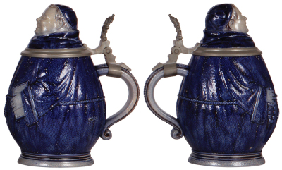 Two Character steins, 1.0L, stoneware, Monks, second marked M. & W. Gr., blue saltglaze, first right hand repaired, second has tiny glaze flakes. - 3