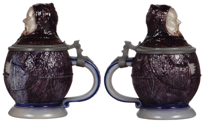 Two Character steins, .5L, stoneware, Monks, first marked 61, blue & purple saltglazes, second marked 59, purple saltglaze, both mint. - 2