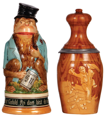 Two Character steins, .5L, pottery, marked 828, Monkey in Top Hat, mint; with, .5L, pottery, marked 1134, Bowling Pin, minor scratched, pewter rim is bent.