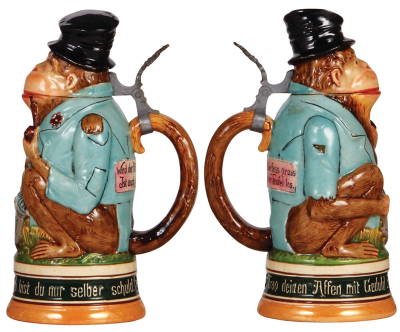 Two Character steins, .5L, pottery, marked 828, Monkey in Top Hat, mint; with, .5L, pottery, marked 1134, Bowling Pin, minor scratched, pewter rim is bent. - 2