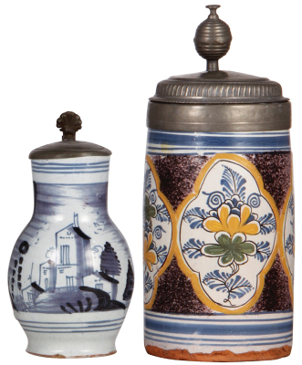 Two faience steins, 7.2'' ht., late 1700s, Hanauer Birnkrug, pewter lid, broken handle attached with an old pewter repair, small base chips; with, 10.5" ht., late 1700s, Walzenkrug, handle missing, hairline cracks.