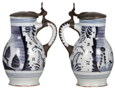 Two faience steins, 7.2'' ht., late 1700s, Hanauer Birnkrug, pewter lid, broken handle attached with an old pewter repair, small base chips; with, 10.5" ht., late 1700s, Walzenkrug, handle missing, hairline cracks. - 2