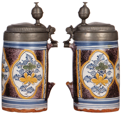 Two faience steins, 7.2'' ht., late 1700s, Hanauer Birnkrug, pewter lid, broken handle attached with an old pewter repair, small base chips; with, 10.5" ht., late 1700s, Walzenkrug, handle missing, hairline cracks. - 3