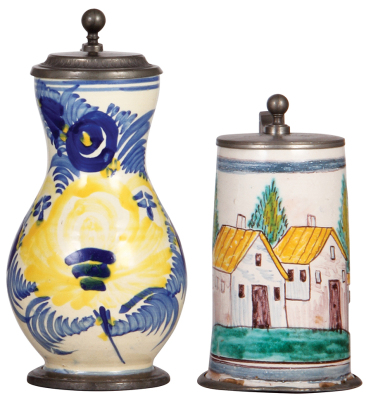 Two faience steins, 9.5" ht., Birnkrug, c.1900, pewter lid and footring are old replacements, a couple of glaze chips; with, 7.5" ht., Walzenkrug, c.1900, pewter lid and footring, fair repair to handle, base chips.
