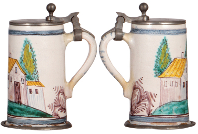 Two faience steins, 9.5" ht., Birnkrug, c.1900, pewter lid and footring are old replacements, a couple of glaze chips; with, 7.5" ht., Walzenkrug, c.1900, pewter lid and footring, fair repair to handle, base chips. - 3
