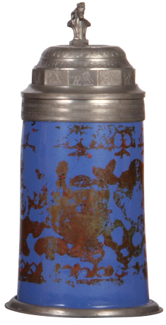 Faience stein, 1.0L, 9.9'', Schrezheim, c.1800, cold painted design, pewter lid & footring, decorated color wear, otherwise good condition.