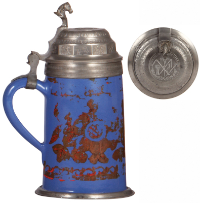 Faience stein, 1.0L, 9.9'', Schrezheim, c.1800, cold painted design, pewter lid & footring, decorated color wear, otherwise good condition. - 3
