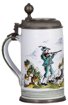 Faience stein, 1.5L, 11.5" ht., late 1900s, pewter lid, mint.