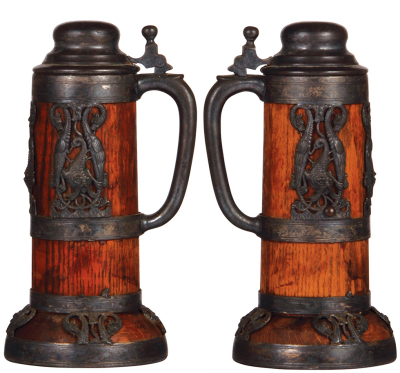 Two wood steins, metal mounts, St. Louis Silver Co., 1.0L, silver-plating worn, missing lower portion of overlay; with, .5L, silver-plating is worn. - 2