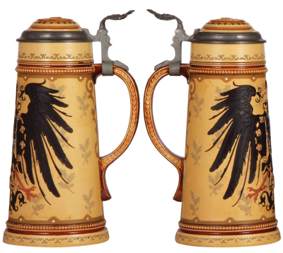 Mettlach stein, 1.0L, 2204, decorated relief, inlaid lid, excellent base chip repair. - 2