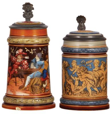 Two Mettlach steins, .5L, 1527, etched, inlaid lid, cracked inlay & base chip; with, .5L, 2025, etched, inlaid lid, crack on bottom of handle.