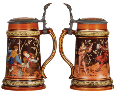 Two Mettlach steins, .5L, 1527, etched, inlaid lid, cracked inlay & base chip; with, .5L, 2025, etched, inlaid lid, crack on bottom of handle. - 2