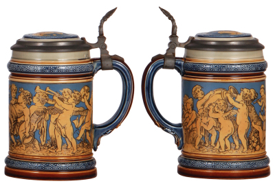 Two Mettlach steins, .5L, 1527, etched, inlaid lid, cracked inlay & base chip; with, .5L, 2025, etched, inlaid lid, crack on bottom of handle. - 3