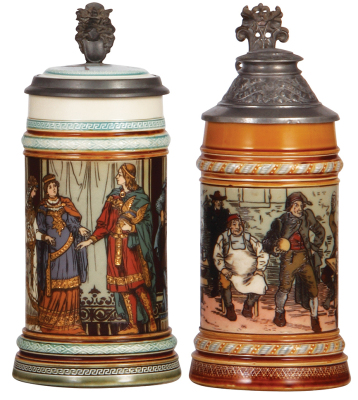 Two Mettlach steins, .5L, 2402, etched, inlaid lid, cracks in rear & on handle; with, .5L, 1403, etched, pewter lid is old replacement, handle repaired.