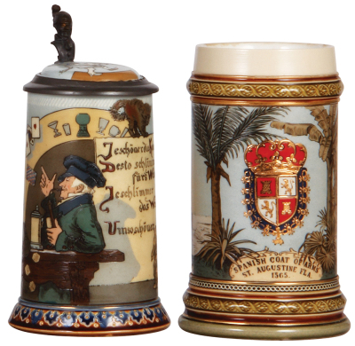 Two Mettlach steins, .5L, 2090, etched, by H. Schlitt, inlaid lid, pewter flange covering inlay is frayed; with, .5L, 2373, etched, St. Augustine, plain handle, no lid, mint.