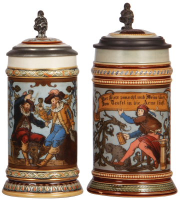 Two Mettlach steins, .5L, 1932, etched, by C. Warth, inlaid lid, mint; with, .5L, 1947, etched, inlaid lid, mint.    