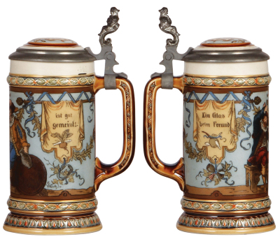 Two Mettlach steins, .5L, 1932, etched, by C. Warth, inlaid lid, mint; with, .5L, 1947, etched, inlaid lid, mint.     - 2