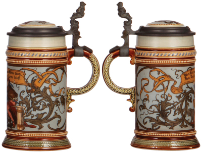 Two Mettlach steins, .5L, 1932, etched, by C. Warth, inlaid lid, mint; with, .5L, 1947, etched, inlaid lid, mint.     - 3