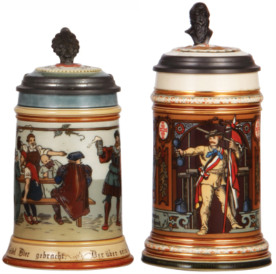 Two Mettlach steins, .5L, 2028, etched, inlaid lid, mint; with, .5L, 1914, etched, the 4F stein, inlaid lid, mint.    